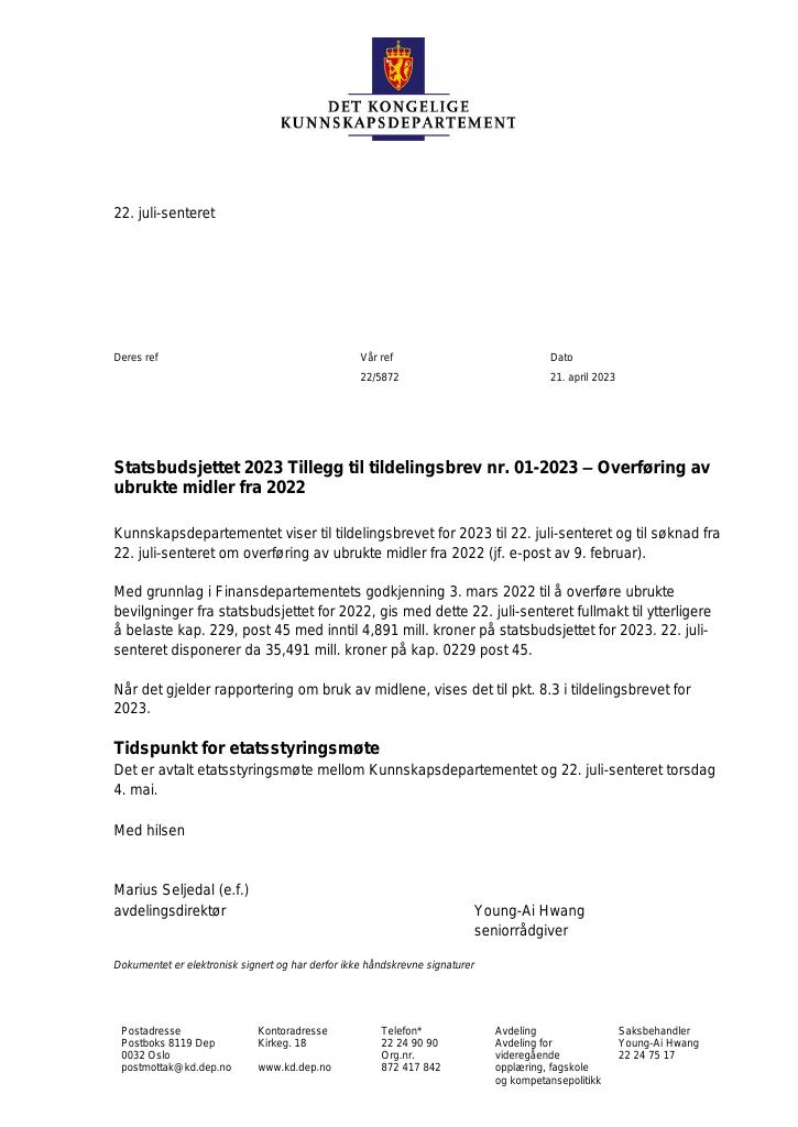 Tildelingsbrev 22. Juli-senteret 2023 - Tillegg Nr. 1 - Kudos