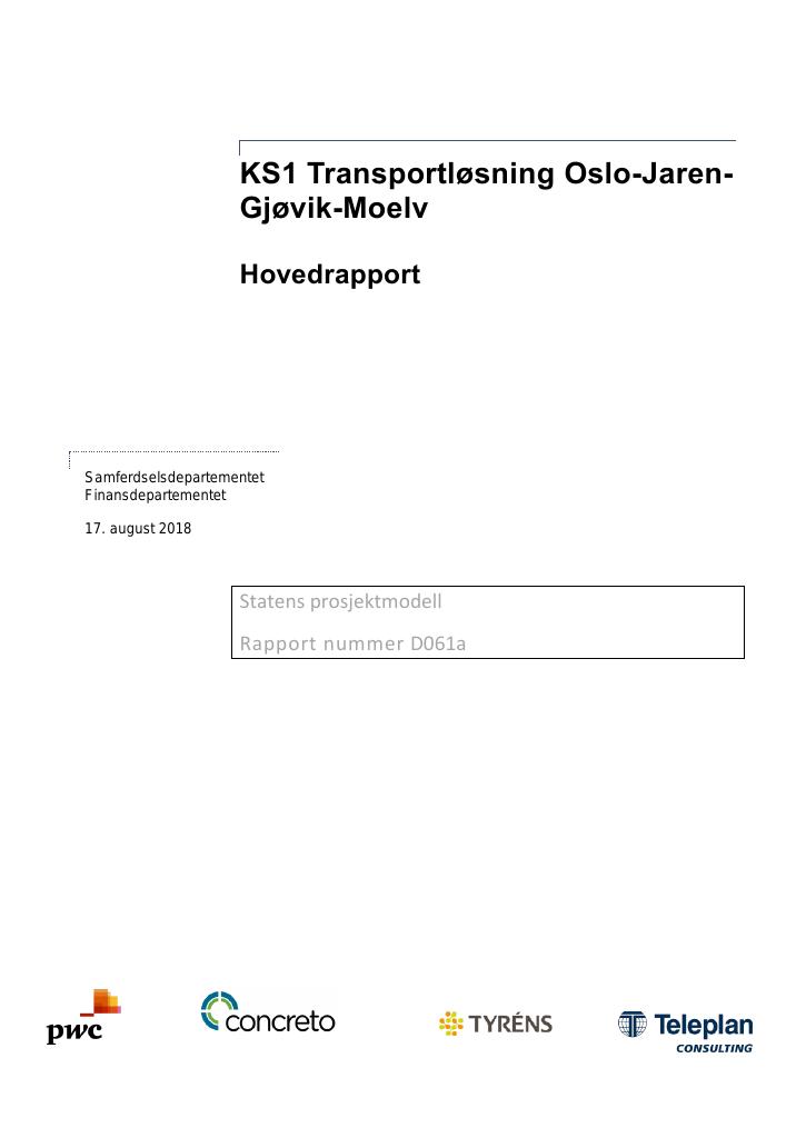 Forsiden av dokumentet Kvalitetssikring (KS1) av Transportløsning Oslo-Jaren-Gjøvik-Moelv