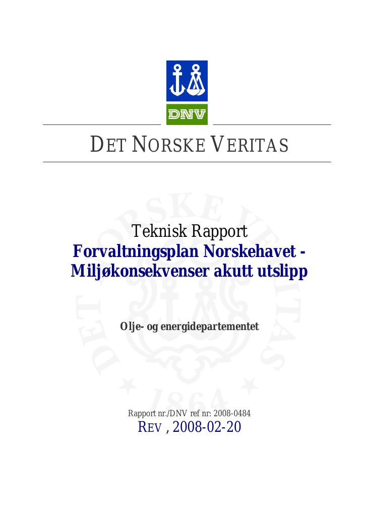 Forsiden av dokumentet Forvaltningsplan Norskehavet - Miljøkonsekvenser akutt utslipp