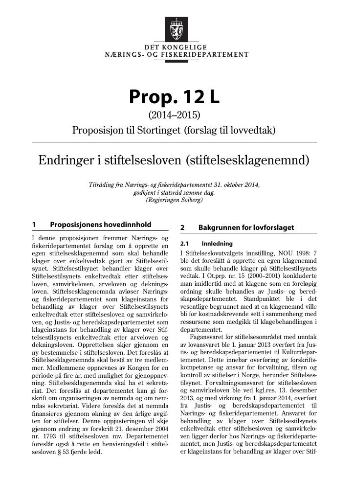 Forsiden av dokumentet Prop. 12 L (2014–2015)