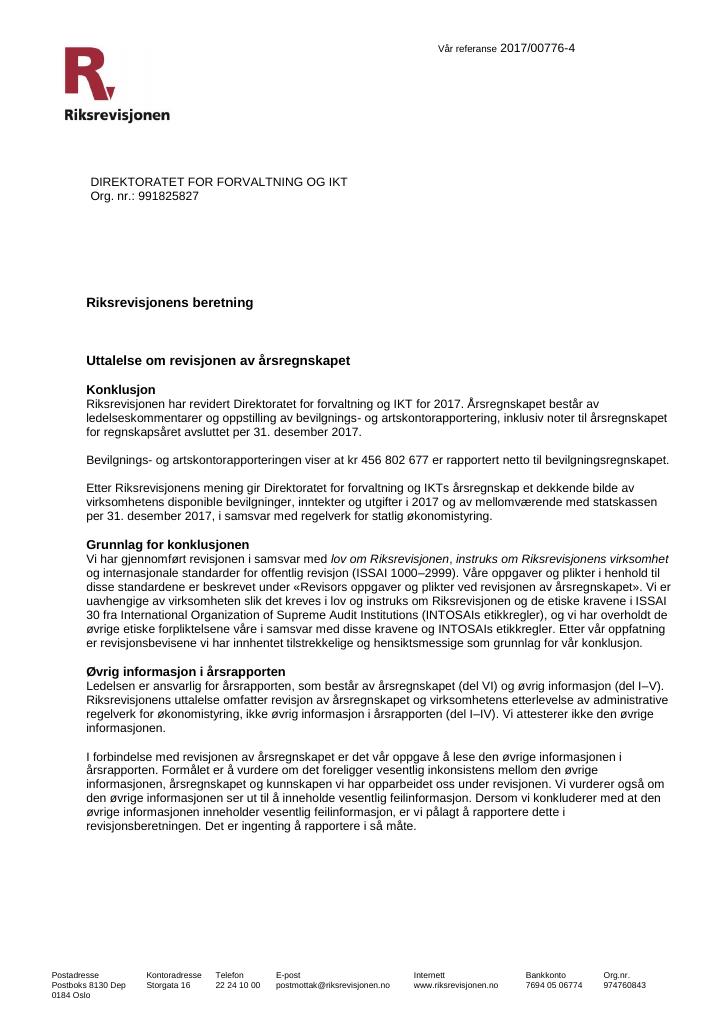 Forsiden av dokumentet Revisjonsberetning (pdf)