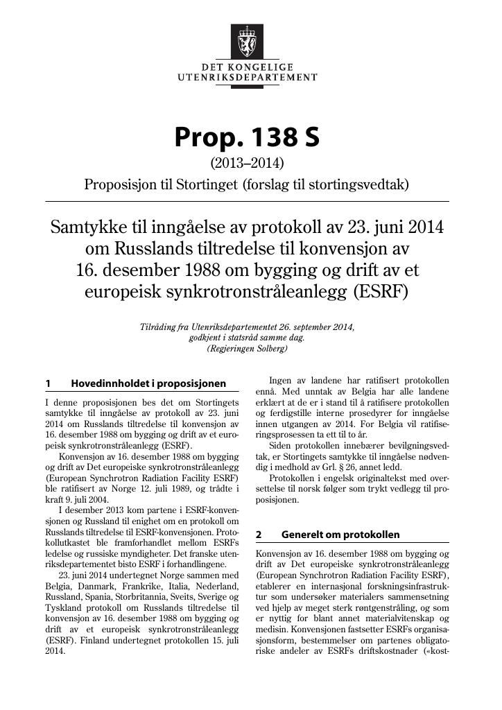 Forsiden av dokumentet Prop. 138 S (2013–2014)