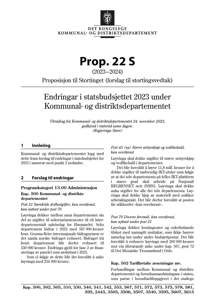 Forsiden av dokumentet Prop. 22 S (2023–2024)