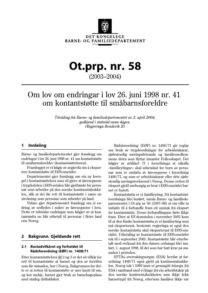 Forsiden av dokumentet Ot.prp. nr. 58 (2003-2004)