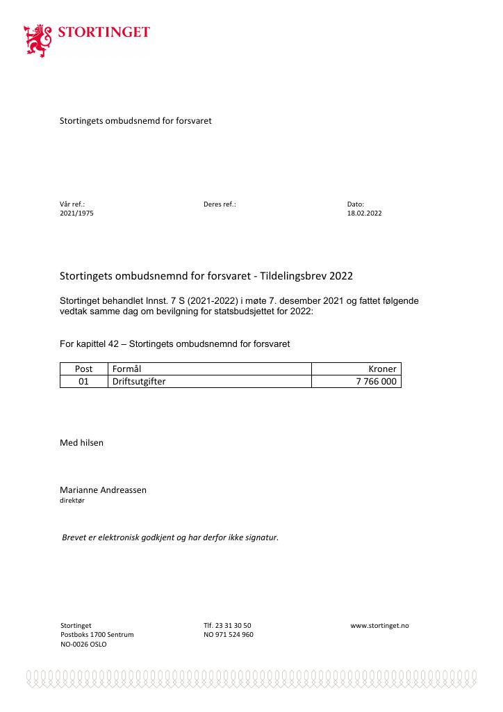 Forsiden av dokumentet Tildelingsbrev 2022 Stortingets ombudsnemnd for Forsvaret