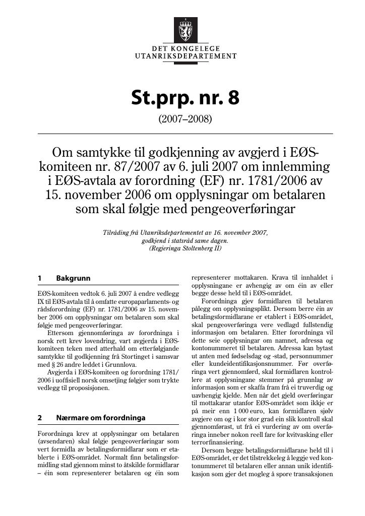 Forsiden av dokumentet St.prp. nr. 8 (2007-2008)