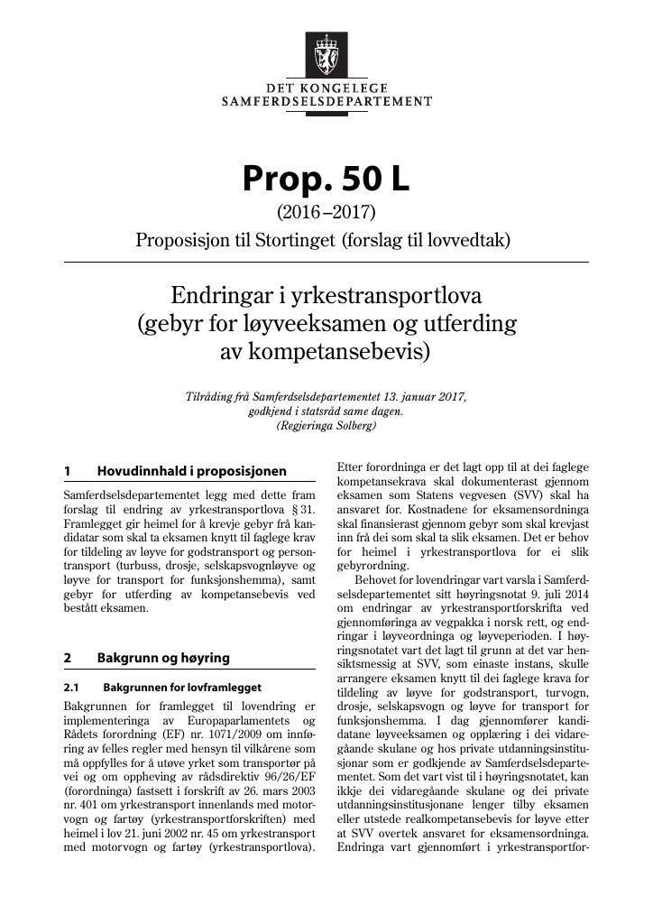 Forsiden av dokumentet Prop. 50 L (2016–2017)