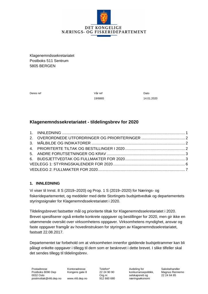 Forsiden av dokumentet Tildelingsbrev Klagenemndssekretariatet 2020