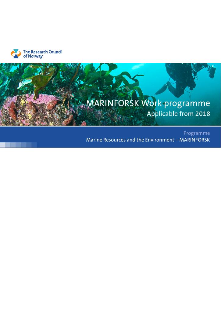 Forsiden av dokumentet MARINFORSK Work programme. Applicable from 2018