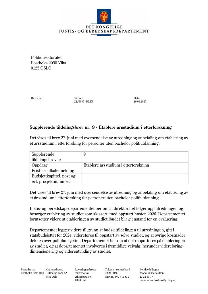 Forsiden av dokumentet Tildelingsbrev Politiet 2025 - tillegg nr. 9