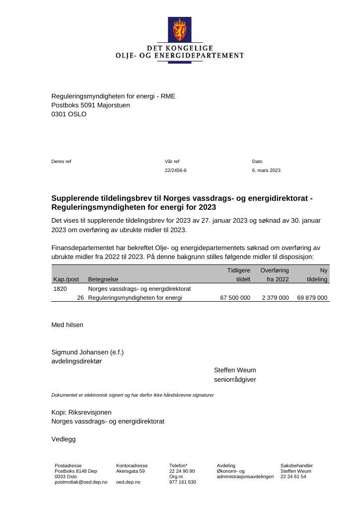 Forsiden av dokumentet Tildelingsbrev til Norges vassdrags- og energidirektorat - Reguleringsmyndigheten for energi for 2023 - tillegg nr. 1