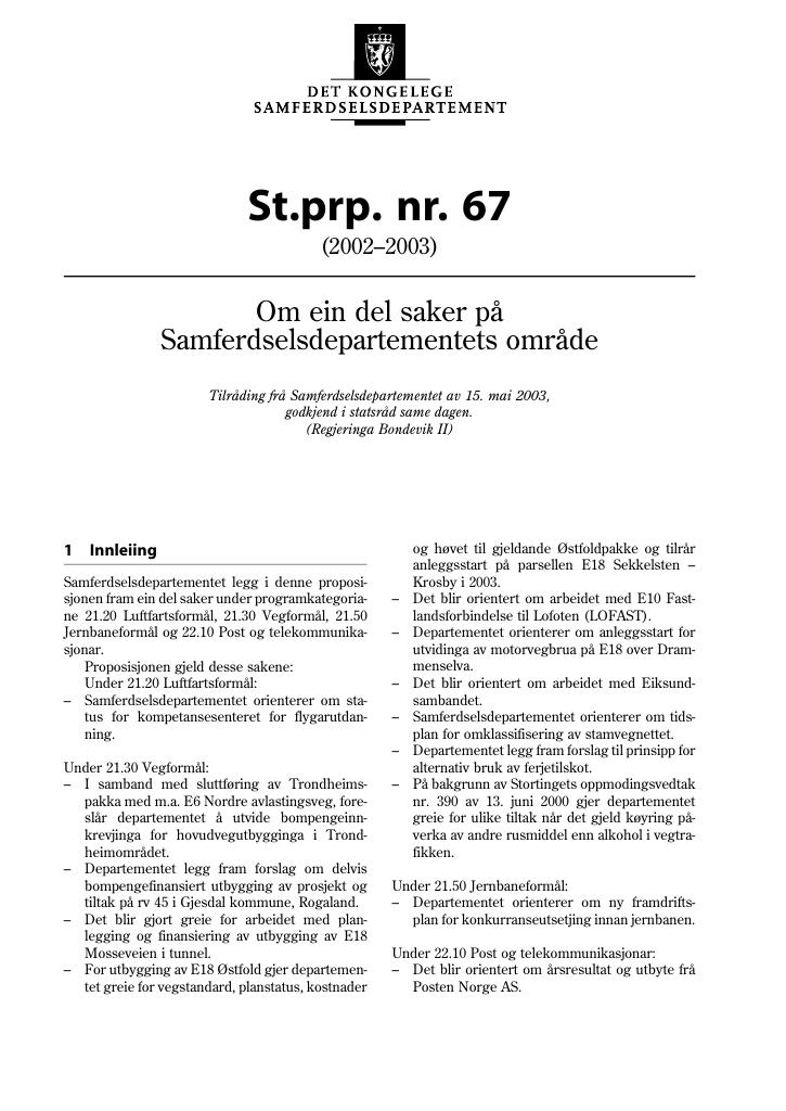 Forsiden av dokumentet St.prp. nr. 67 (2002-2003)