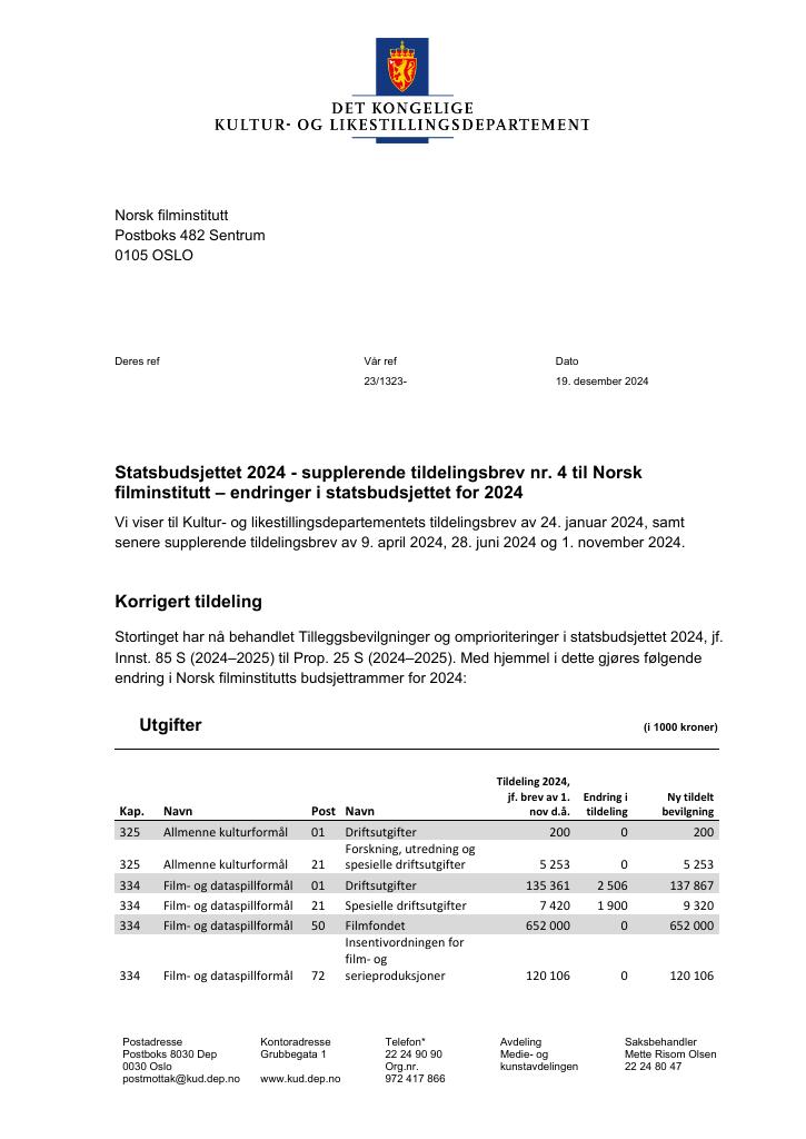 Forsiden av dokumentet Tildelingsbrev Norsk filminstitutt 2024 - tillegg nr. 4