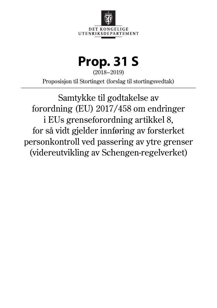 Forsiden av dokumentet Prop. 31 S (2018–2019)