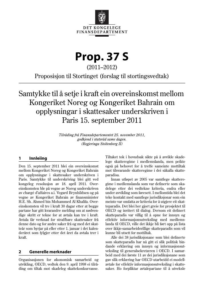 Forsiden av dokumentet Prop. 37 S (2011–2012)