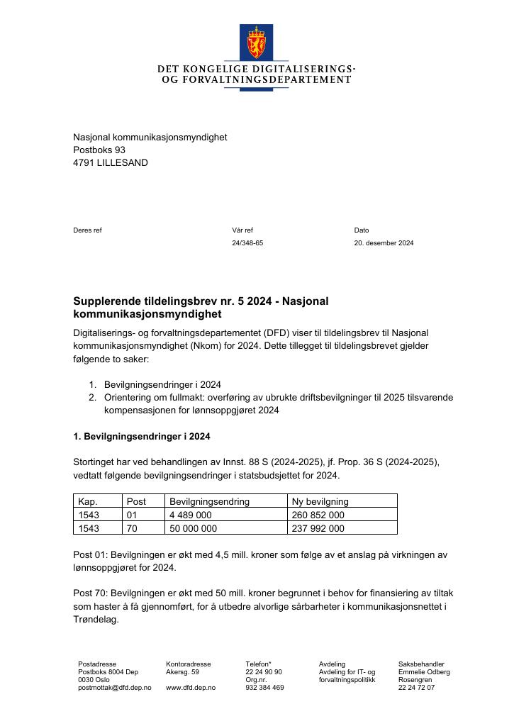 Forsiden av dokumentet Tildelingsbrev Nkom 2024 - tillegg nr. 5