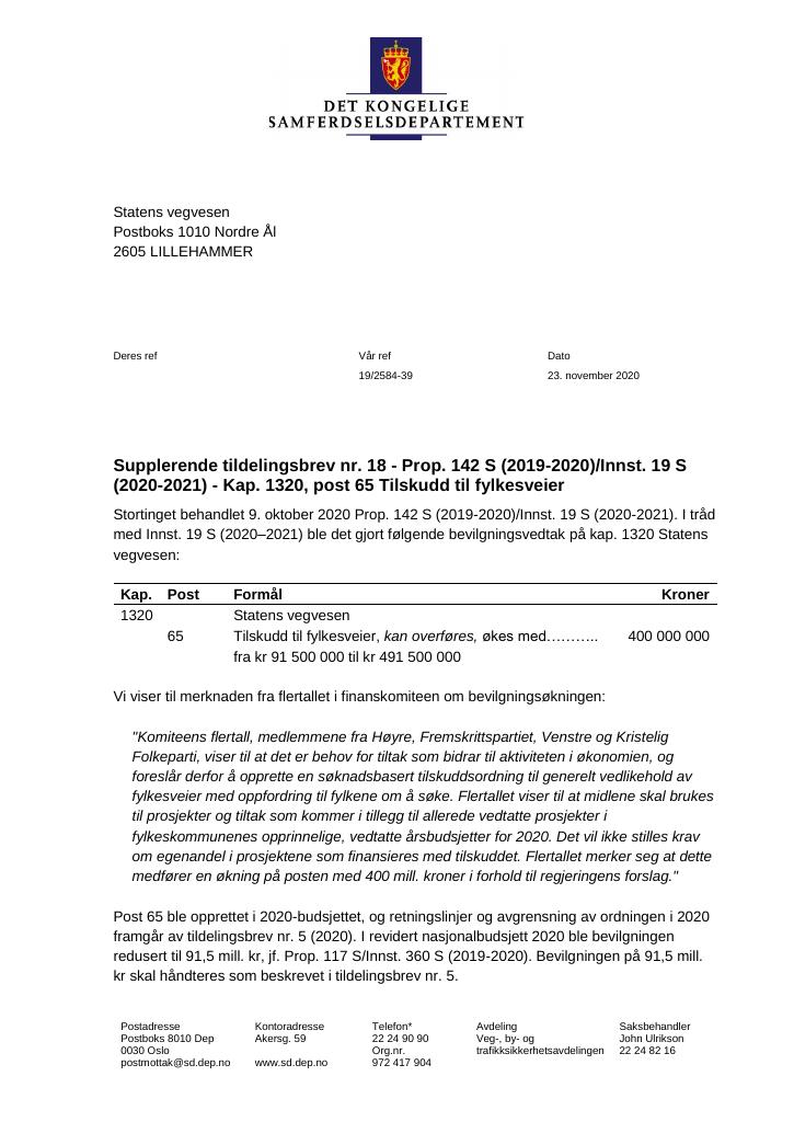 Forsiden av dokumentet Supplerende tildelingsbrev Statens vegvesen 2020 - nr. 18