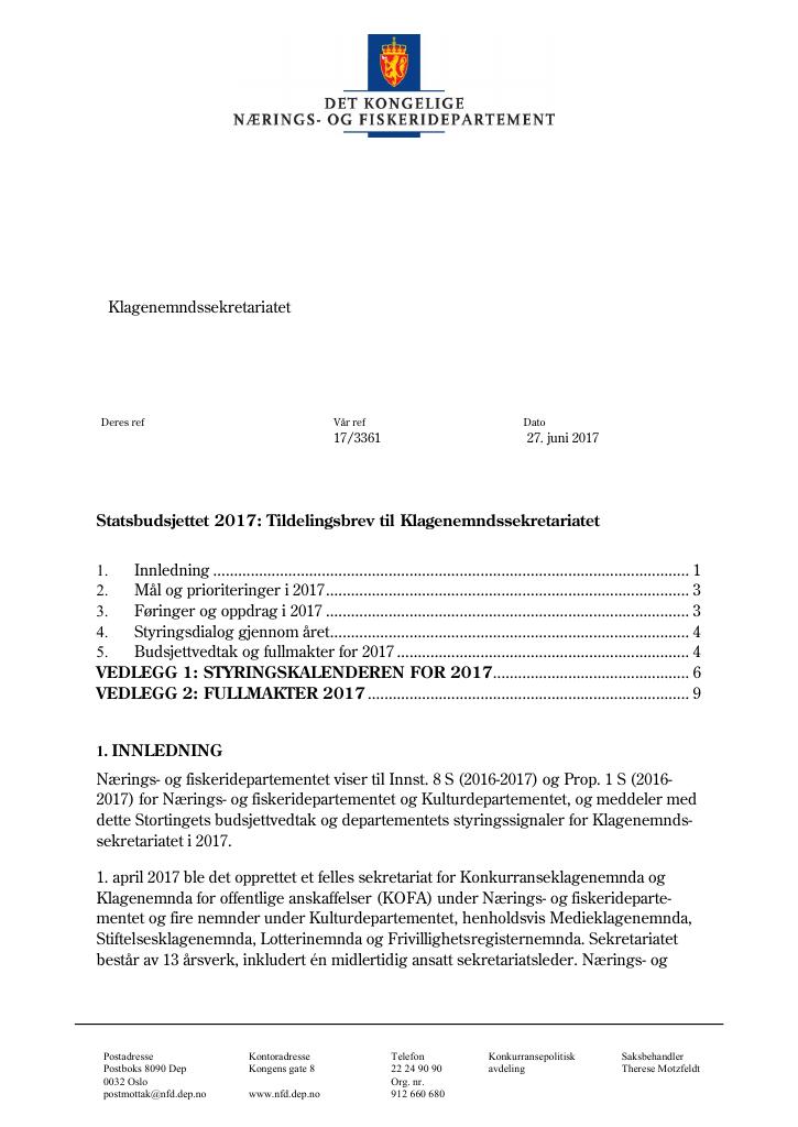 Forsiden av dokumentet Tildelingsbrev