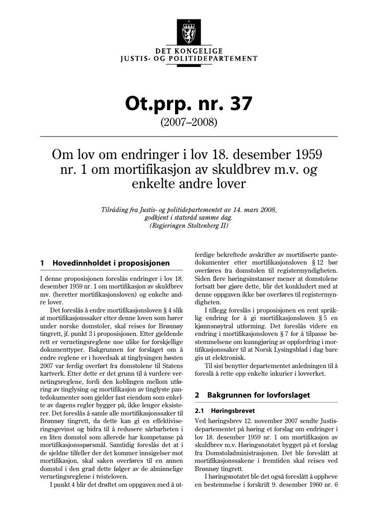 Forsiden av dokumentet Ot.prp. nr. 37 (2007-2008)