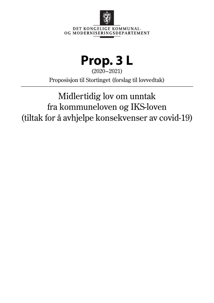 Forsiden av dokumentet Prop. 3 L (2020–2021)