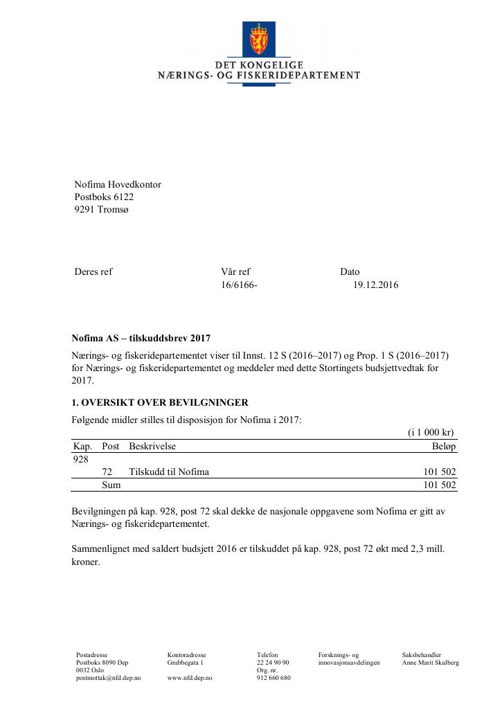 Forsiden av dokumentet Tilskuddsbrev