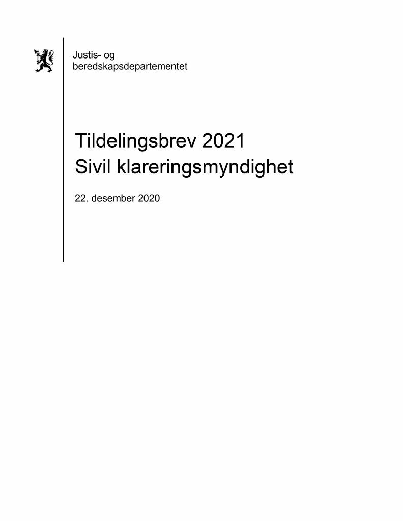 Forsiden av dokumentet Tildelingsbrev Sivil klareringsmyndighet 2021