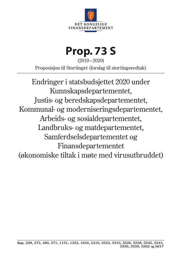 Forsiden av dokumentet Prop. 73 S (2019–2020)