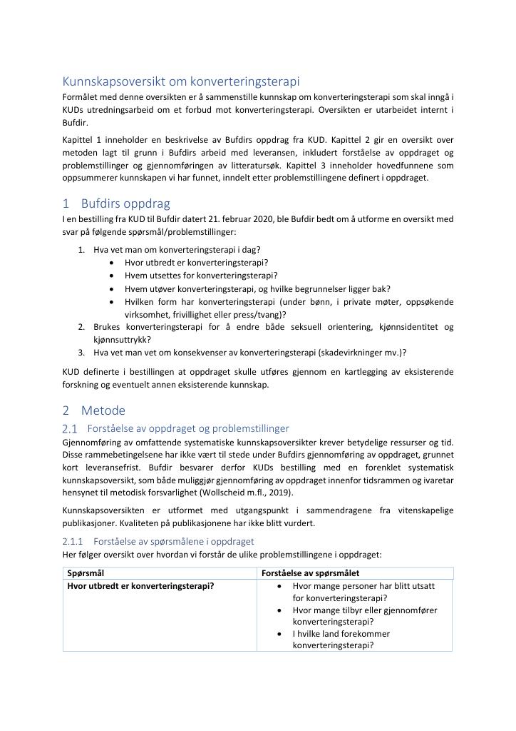 Forsiden av dokumentet Kunnskapsoversikt om konverteringsterapi.