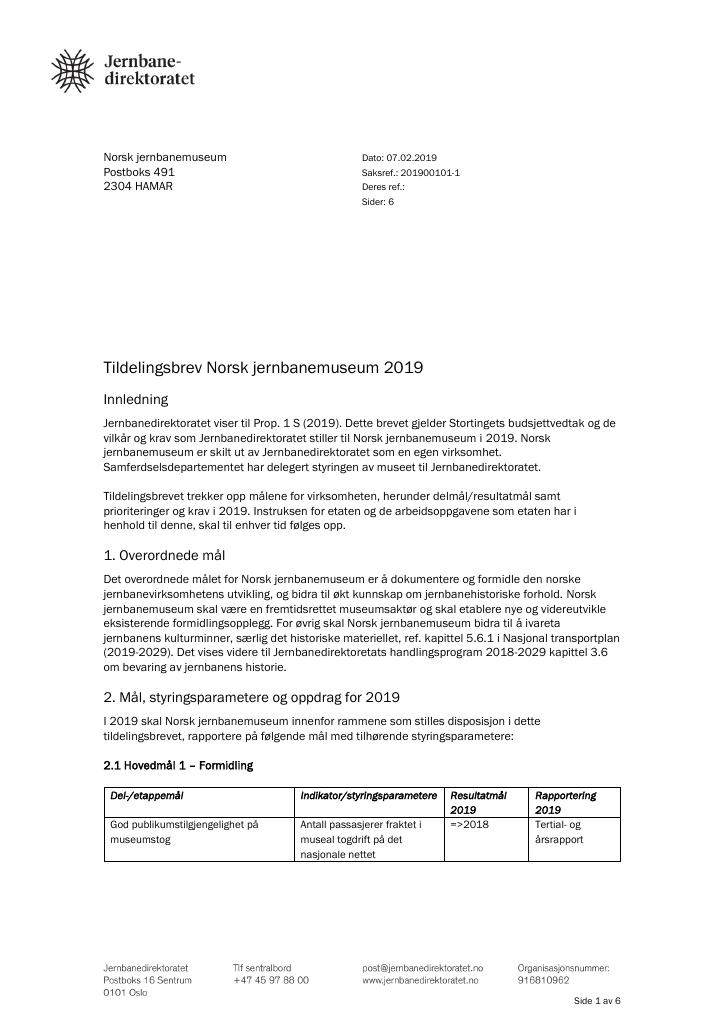 Forsiden av dokumentet Tildelingsbrev Norsk jernbanemuseum 2019
