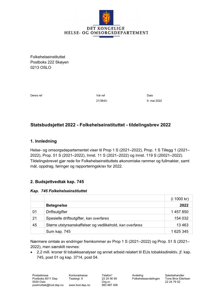 Forsiden av dokumentet Tildelingsbrev Folkehelseinstituttet 2022