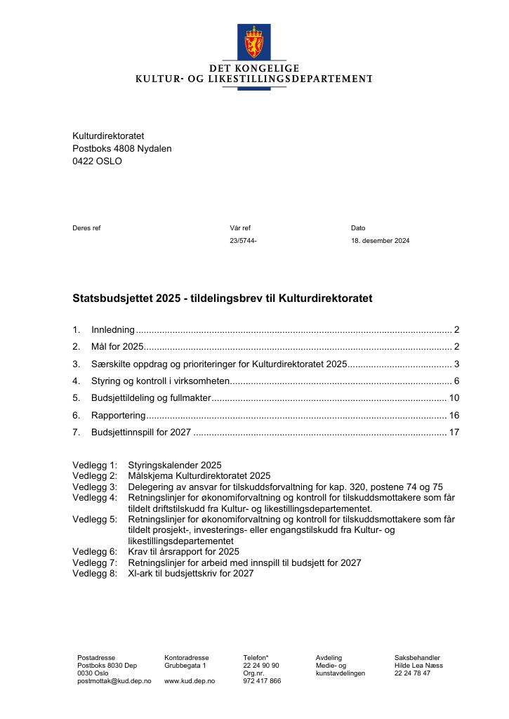 Forsiden av dokumentet Tildelingsbrev Kulturdirektoratet 2025