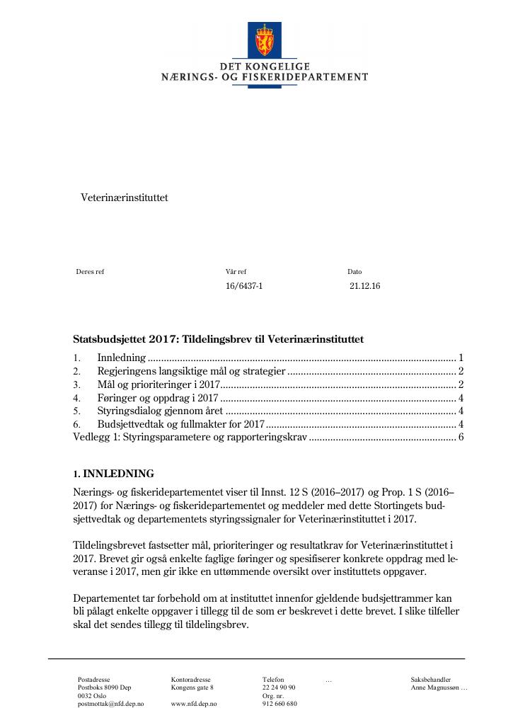 Forsiden av dokumentet Tildelingsbrev