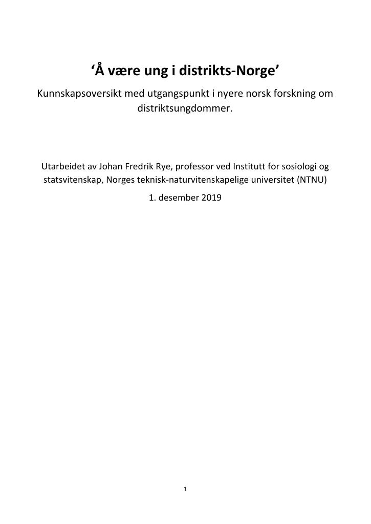 Forsiden av dokumentet Å være ung i distrikts-Norge