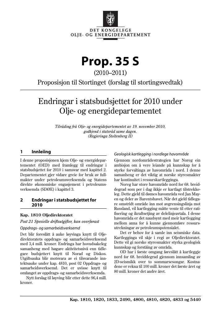 Forsiden av dokumentet Prop. 35 S (2010–2011)