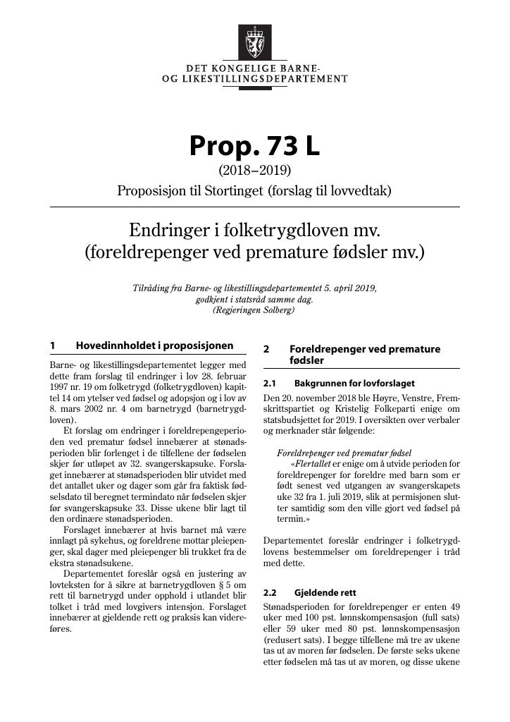 Forsiden av dokumentet Prop. 73 L (2018–2019)