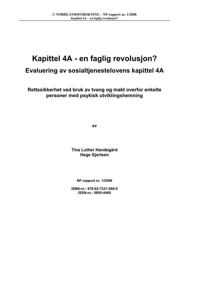 Forsiden av dokumentet Kapittel 4A - en faglig revolusjon? : evaluering av sosialtjenestelovens kapittel 4A