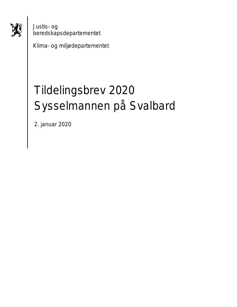 Forsiden av dokumentet Tildelingsbrev Sysselmannen på Svalbard 2020