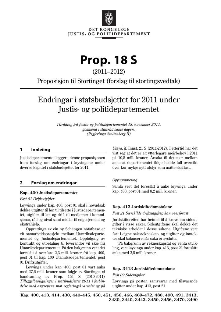 Forsiden av dokumentet Prop. 18 S (2011–2012)