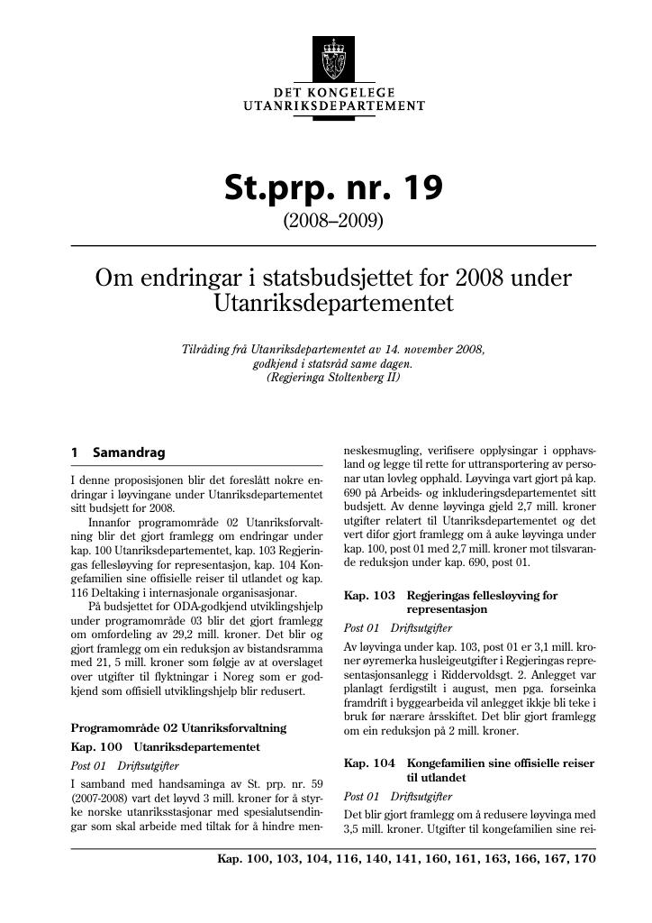 Forsiden av dokumentet St.prp. nr. 19 (2008-2009)