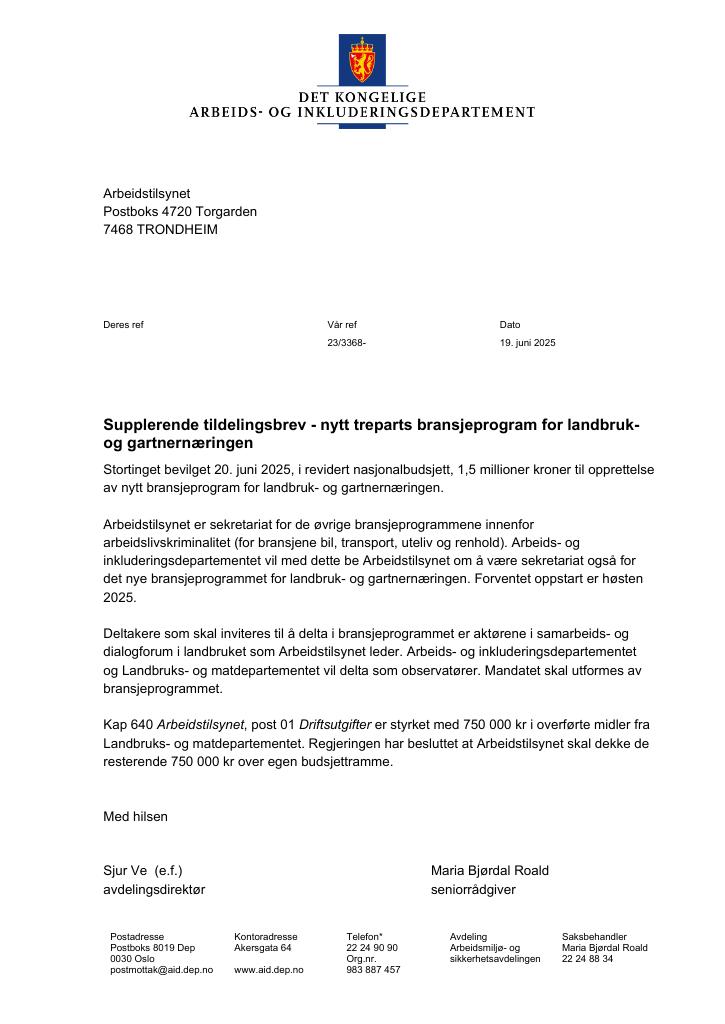 Forsiden av dokumentet Tildelingsbrev Arbeidstilsynet 2025 - tillegg nr. 1 og nr. 2