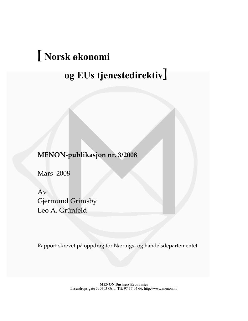 Forsiden av dokumentet Norsk økonomi og EUs tjenestedirektiv]