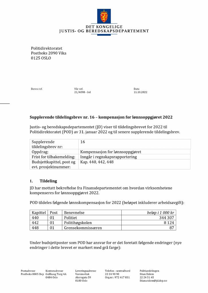 Forsiden av dokumentet Tildelingsbrev Politidirektoratet 2022 - tillegg nr. 16