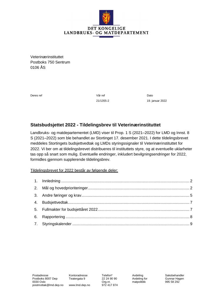 Forsiden av dokumentet Tildelingsbrev Veterinærinstituttet 2022
