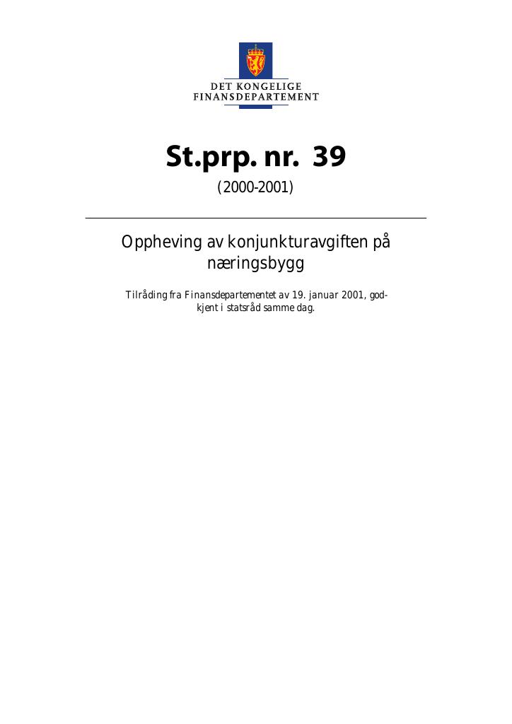 Forsiden av dokumentet St.prp. nr. 39 (2000-2001)