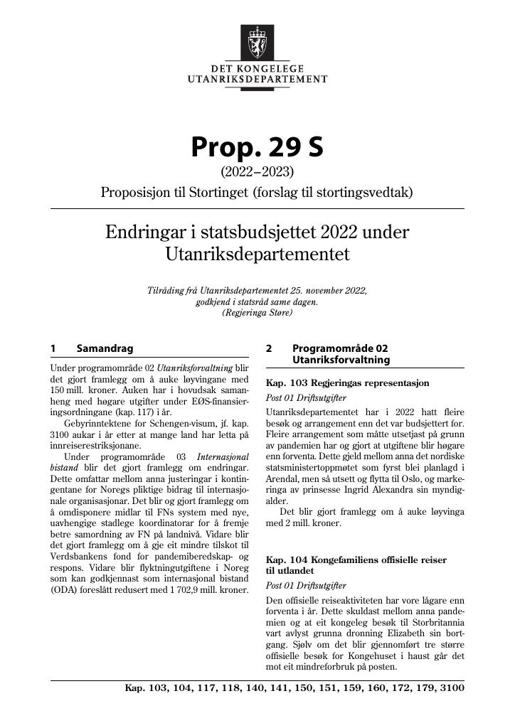 Forsiden av dokumentet Prop. 29 S (2022–2023)