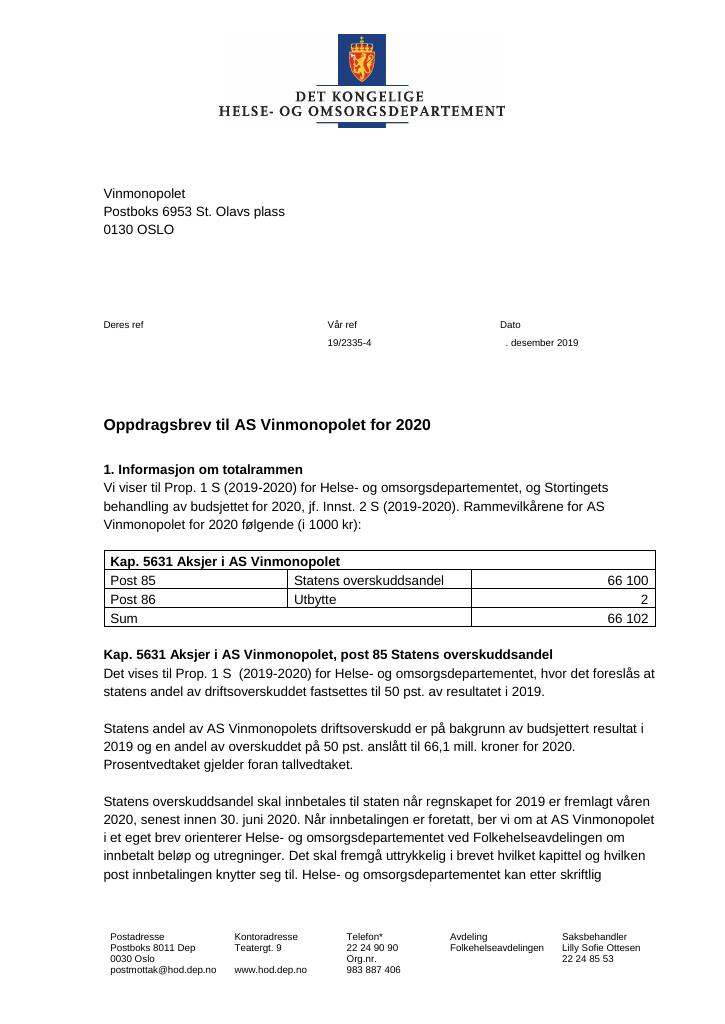 Forsiden av dokumentet Oppdragsbrev Vinmonopolet 2020