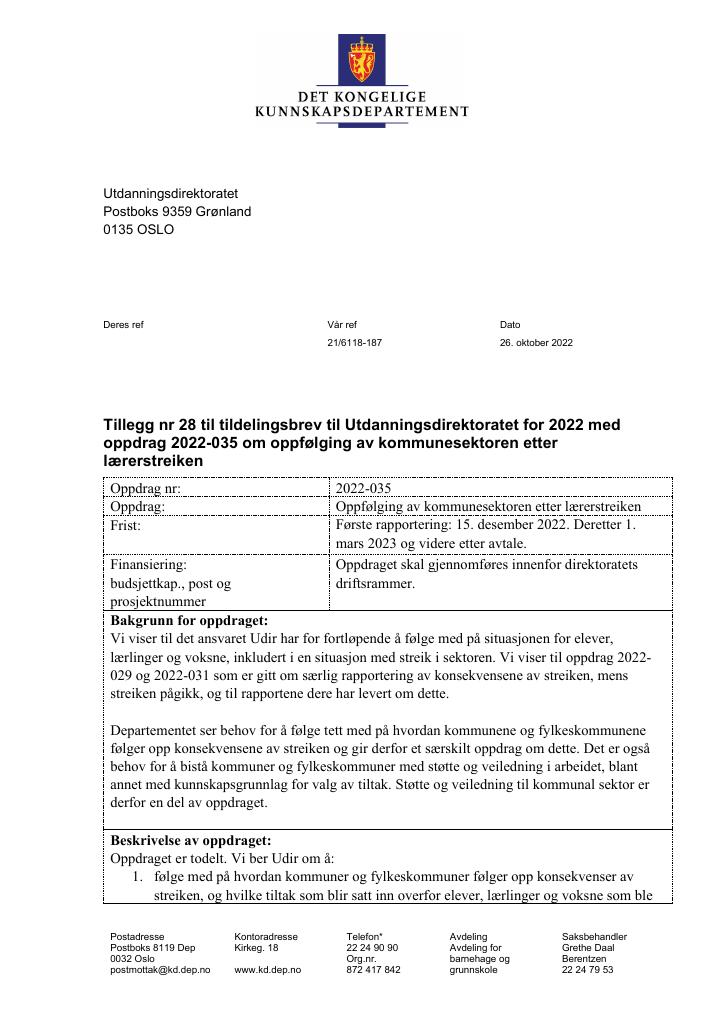 Forsiden av dokumentet Tildelingsbrev Utdanningsdirektoratet 2022 - tillegg nr. 28