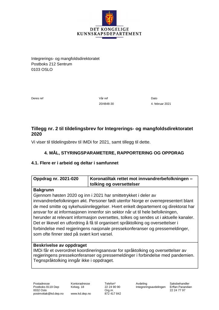 Forsiden av dokumentet Tildelingsbrev Integrerings- og mangfoldsdirektoratet (IMDi) 2020 - tillegg nr. 2