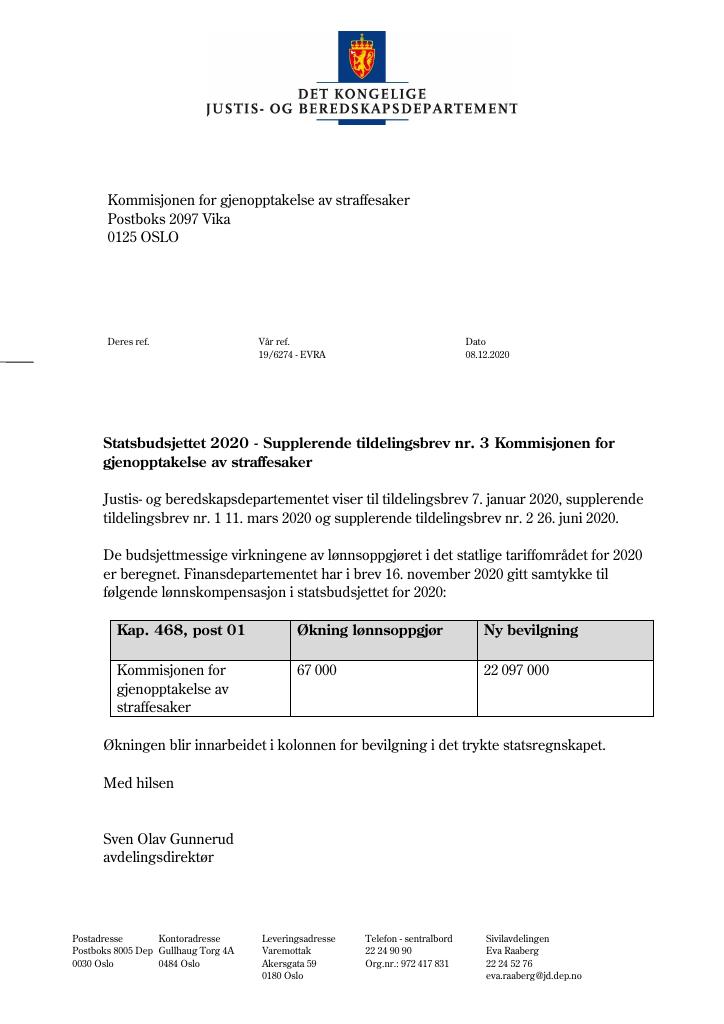 Forsiden av dokumentet Tildelingsbrev Kommisjonen for gjenopptakelse av straffesaker 2020 - tillegg nr. 3