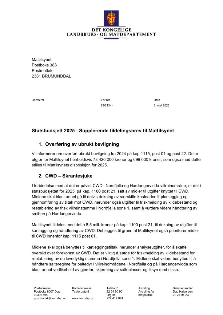 Forsiden av dokumentet Tildelingsbrev Mattilsynet 2025 - tillegg 1.